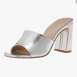 The Drop Silver Block Heel Mules